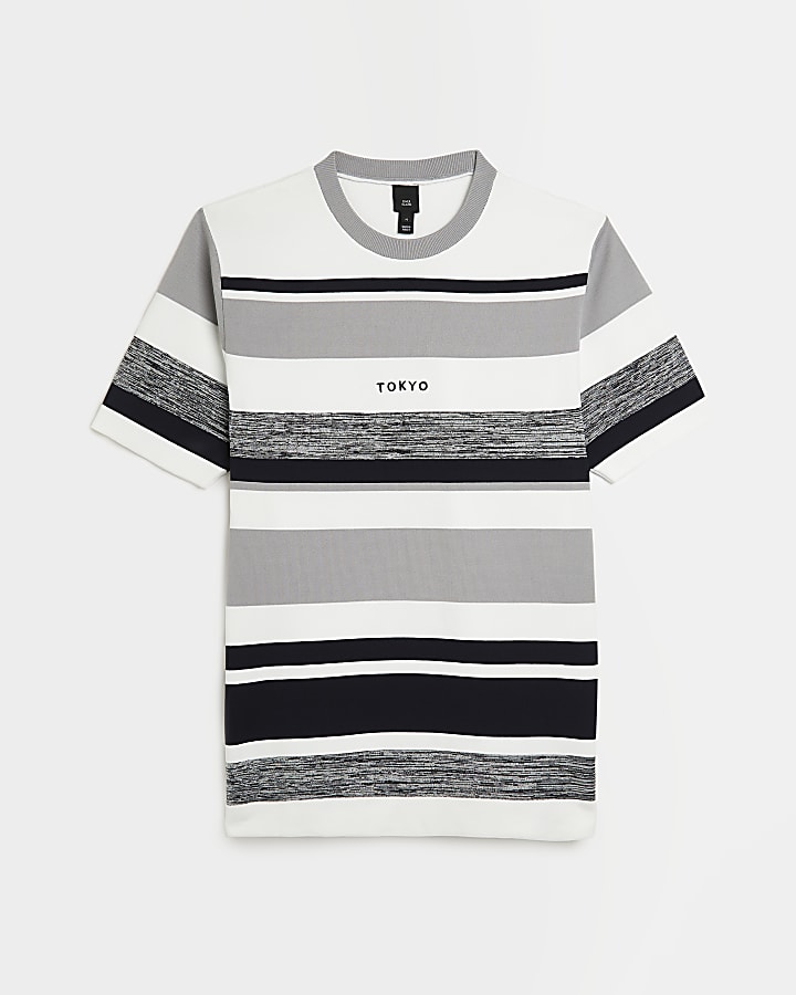 Grey slim fit stripe knit t-shirt