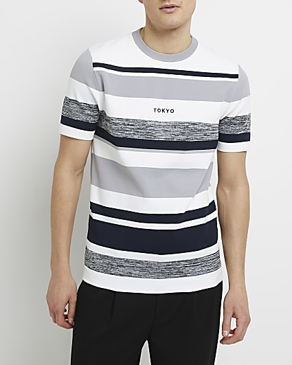Grey slim fit stripe knit t-shirt
