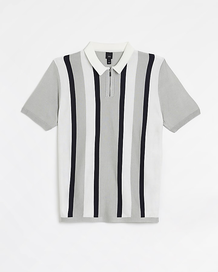 Grey slim fit stripe knitted polo shirt