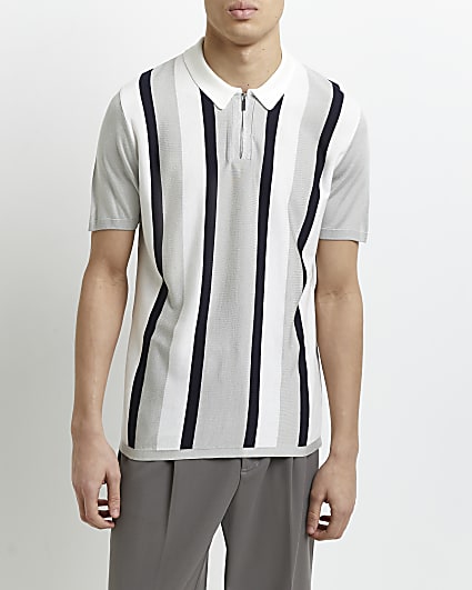 Grey slim fit stripe polo shirt