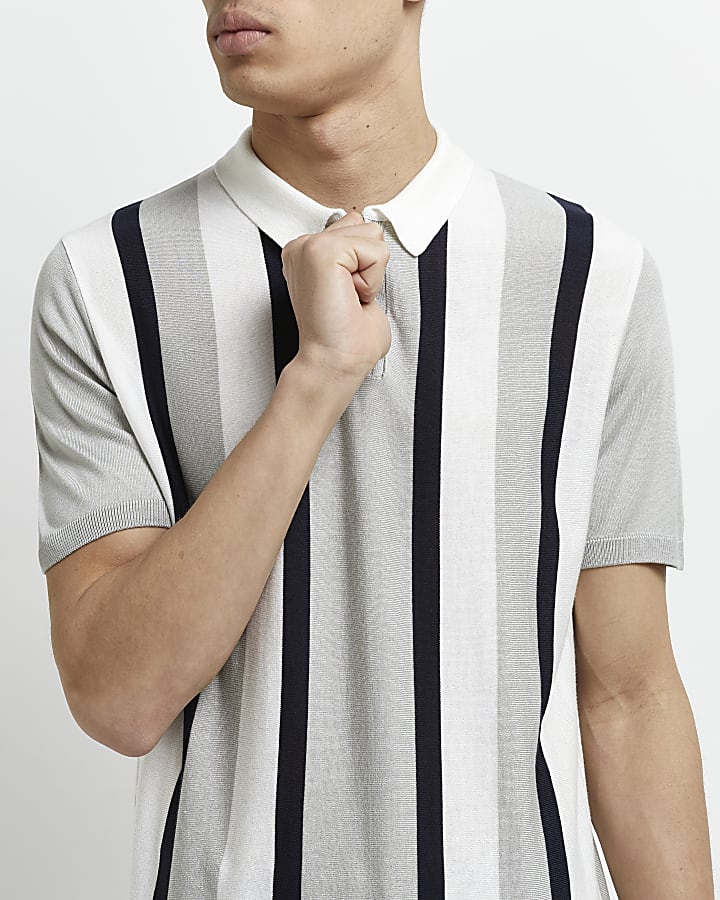 Grey slim fit stripe polo shirt