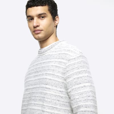 Grey slim fit striped crew jumper | River Island