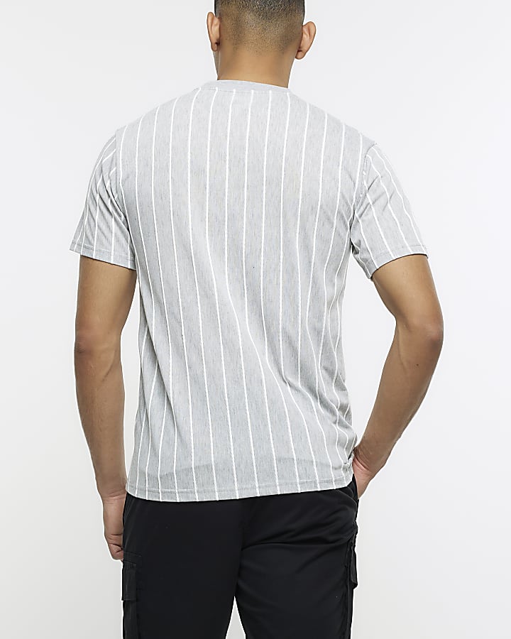 Grey slim fit striped embroidered t-shirt