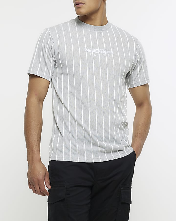 Grey slim fit striped embroidered t-shirt