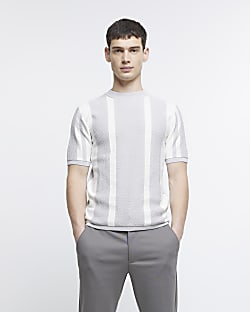 Grey slim fit striped knit t-shirt