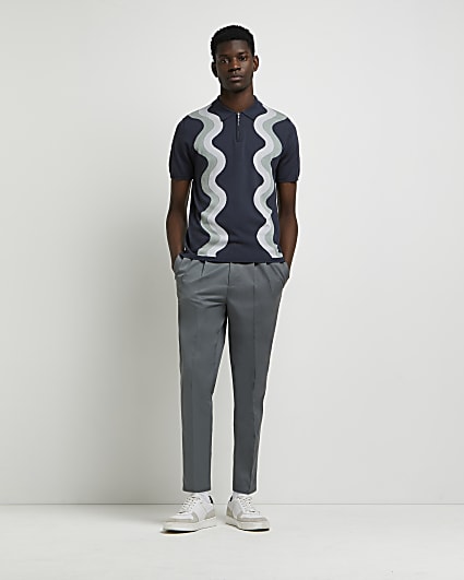 Grey slim fit swirl stripe polo shirt