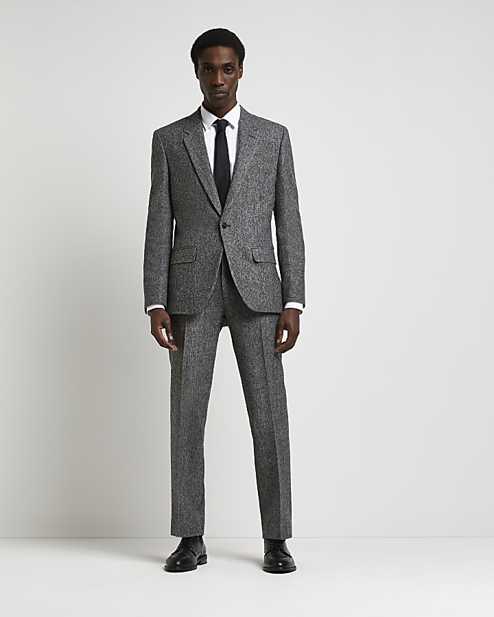 Grey slim fit textured check suit jacket