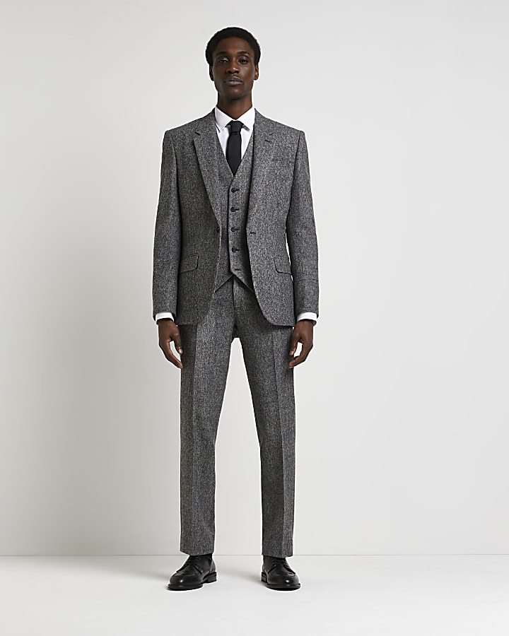 Grey slim fit textured check suit trousers