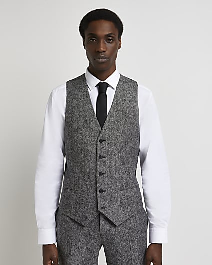 Grey slim fit textured check waistcoat