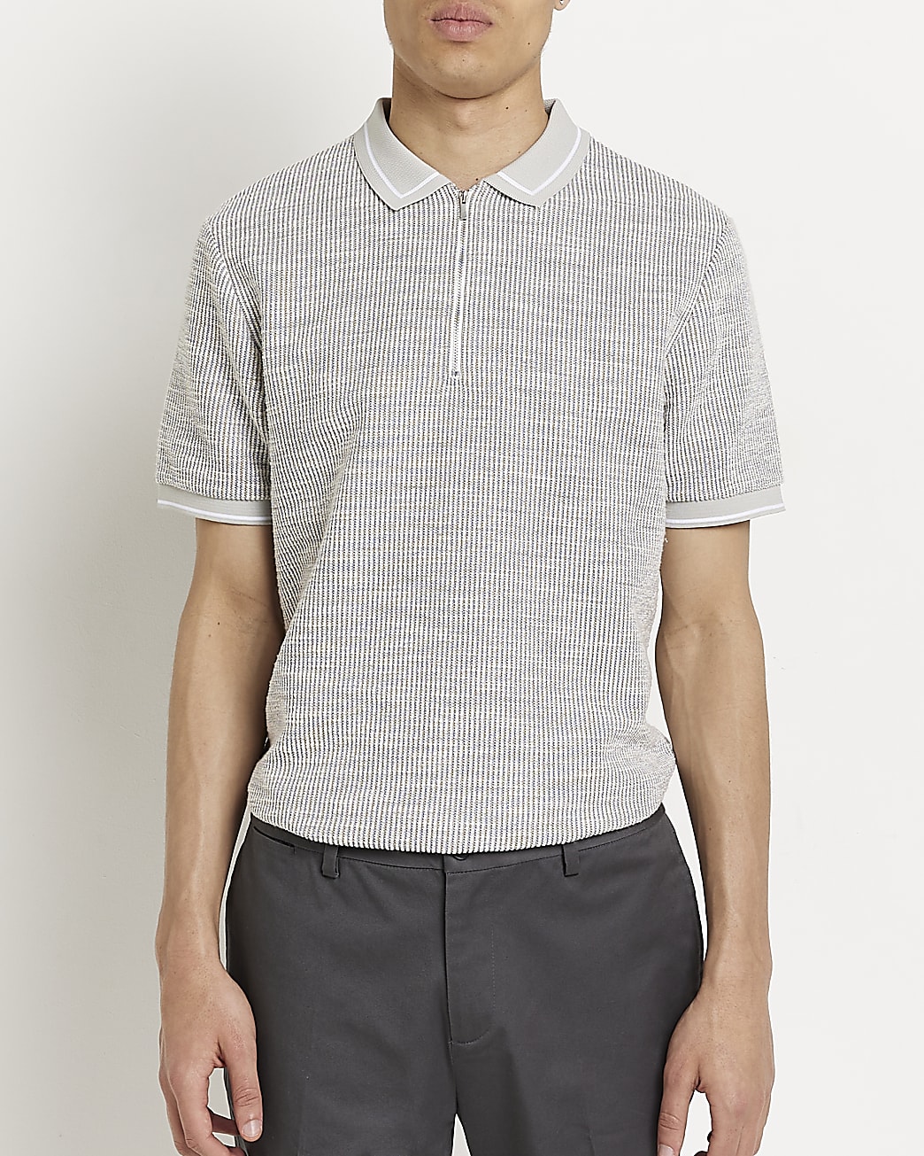Grey slim fit textured polo shirt