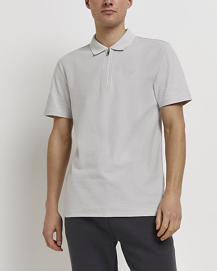 Grey slim fit textured polo shirt