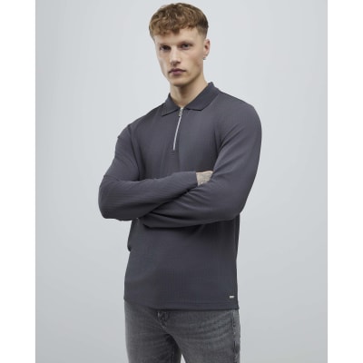 Grey Slim Fit Textured Quarter Zip Polo Shirt