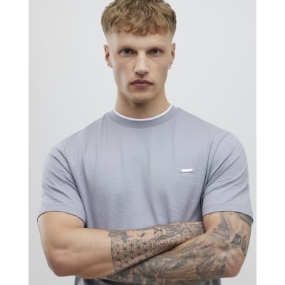 Grey Slim Fit Textured Tipped T-Shirt