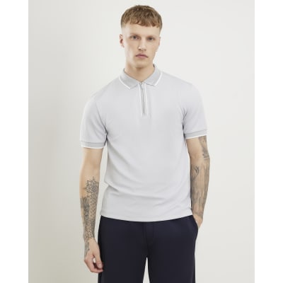 Grey Slim Fit Textured Zip Tipped Polo Shirt