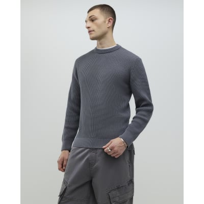 Grey Slim Fit Waffle Knitted Jumper