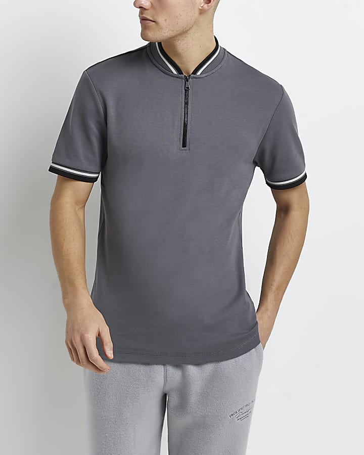 Grey slim fit zip neck polo shirt