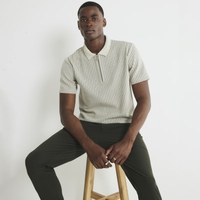 Grey Slim Fit Zip Striped Polo Shirt