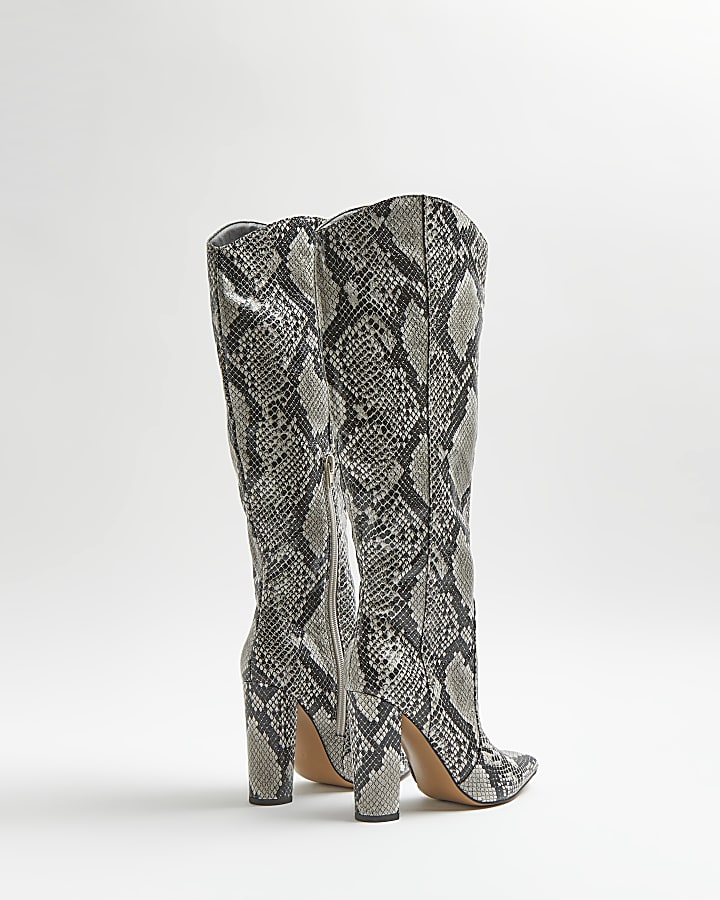 Grey snake print knee high boots