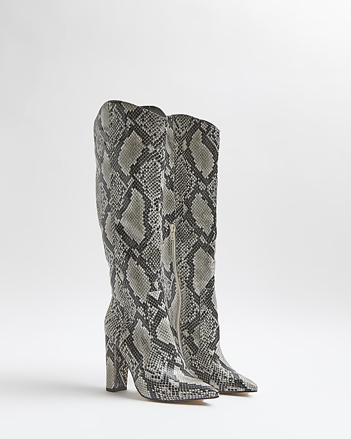 Grey snake print knee high boots