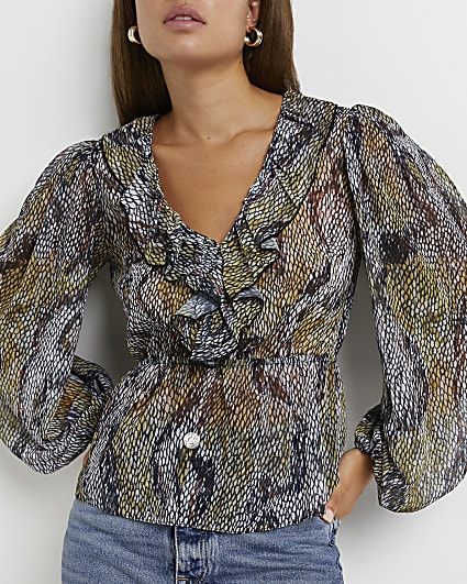 Grey snake print ruffled blouse