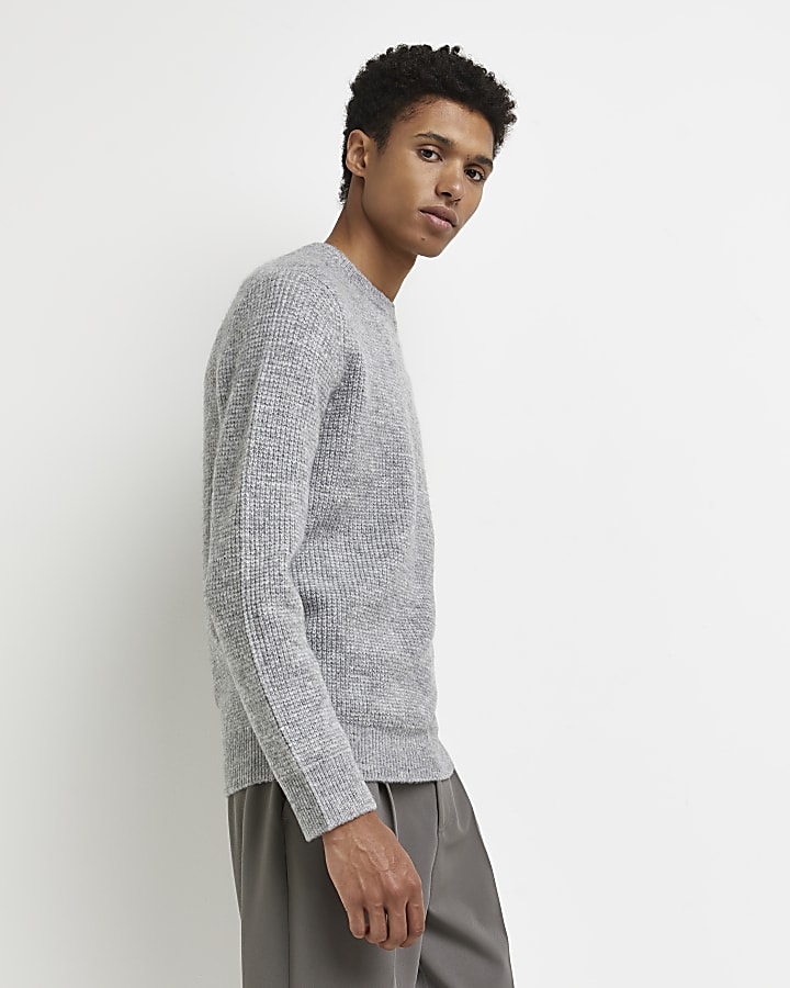Grey soft touch slim fit waffle jumper