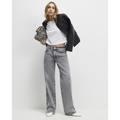 Grey Split Hem Straight Leg Jeans