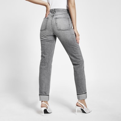 Grey straight leg super high waist jeans