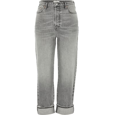 Grey straight leg super high waist jeans
