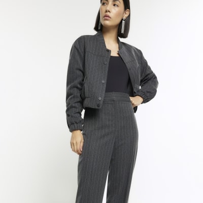 Grey stripe diamante straight trousers | River Island