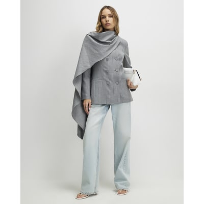 Grey Striped Double Breasted Cape Blazer