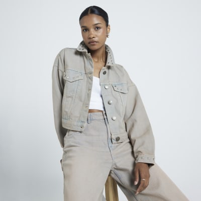 Grey studded denim jacket River Island
