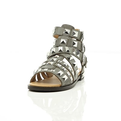 360 degree animation of product Grey studded Gladiator sandals frame-2