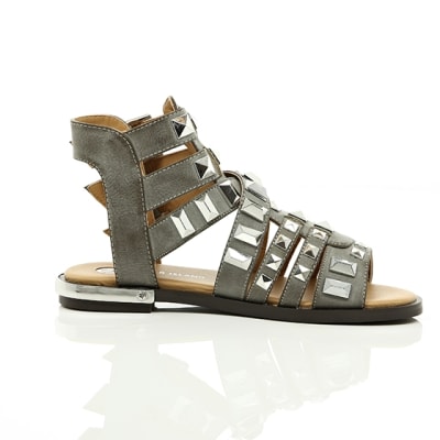 360 degree animation of product Grey studded Gladiator sandals frame-9