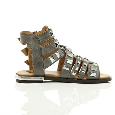 360 degree animation of product Grey studded Gladiator sandals frame-10