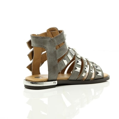 360 degree animation of product Grey studded Gladiator sandals frame-12