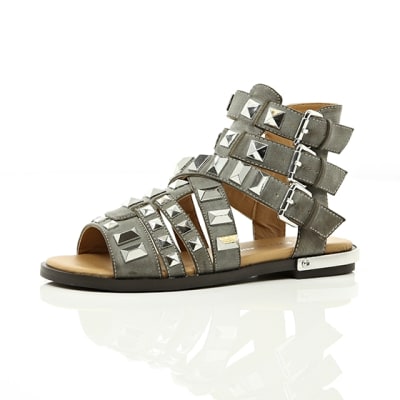 360 degree animation of product Grey studded Gladiator sandals frame-23