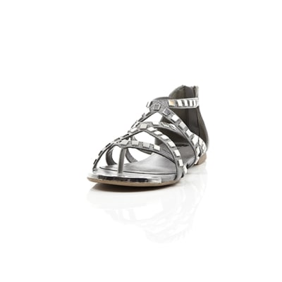 360 degree animation of product Grey studded metal gladiator sandals frame-2