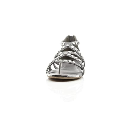 360 degree animation of product Grey studded metal gladiator sandals frame-3
