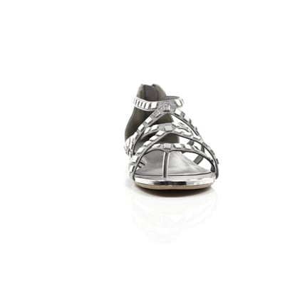 360 degree animation of product Grey studded metal gladiator sandals frame-4