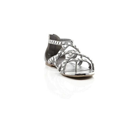 360 degree animation of product Grey studded metal gladiator sandals frame-5