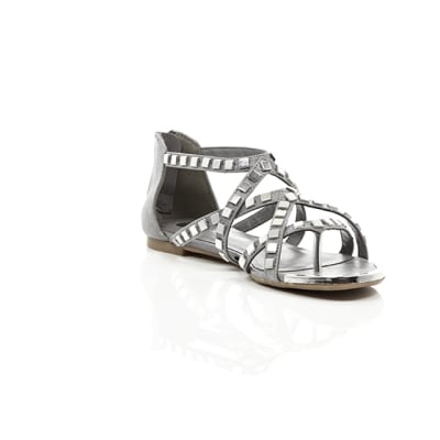 360 degree animation of product Grey studded metal gladiator sandals frame-6