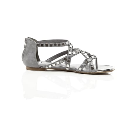 360 degree animation of product Grey studded metal gladiator sandals frame-9