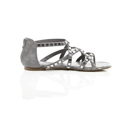 360 degree animation of product Grey studded metal gladiator sandals frame-10
