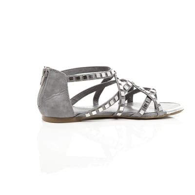 360 degree animation of product Grey studded metal gladiator sandals frame-11