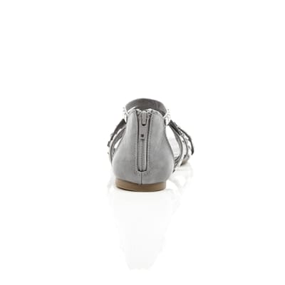 360 degree animation of product Grey studded metal gladiator sandals frame-15