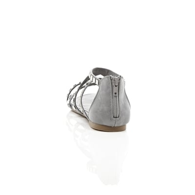 360 degree animation of product Grey studded metal gladiator sandals frame-16