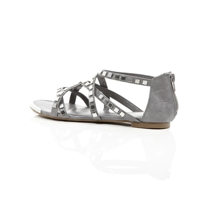 360 degree animation of product Grey studded metal gladiator sandals frame-20