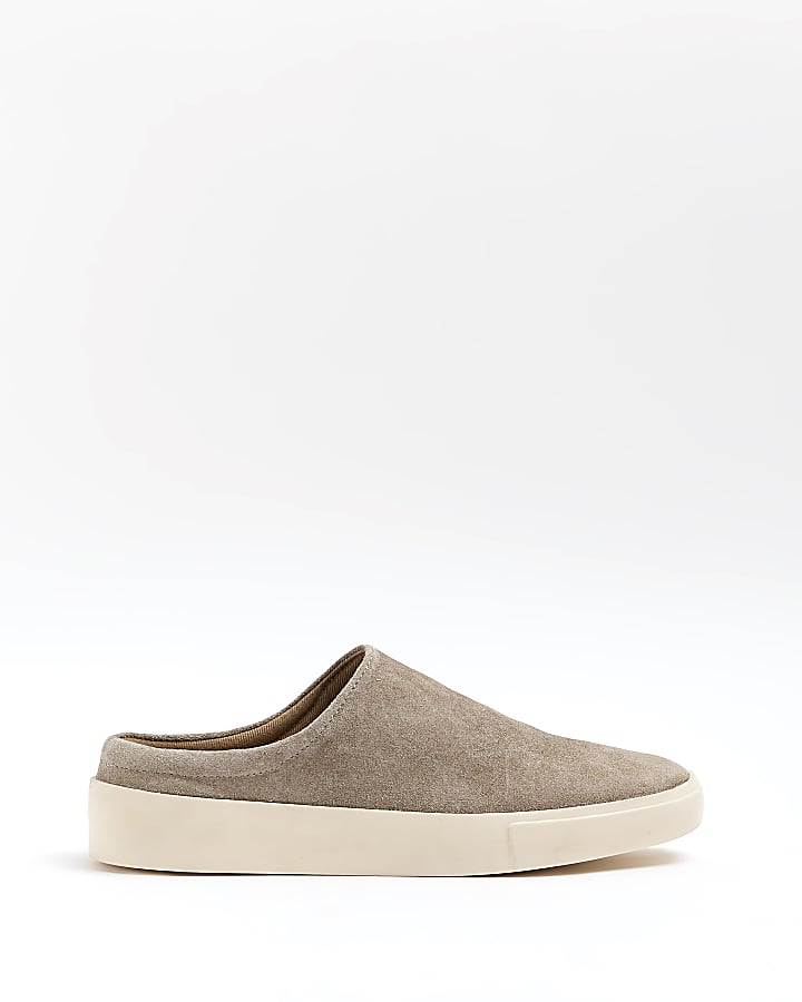 Grey Suede Backless Loafers