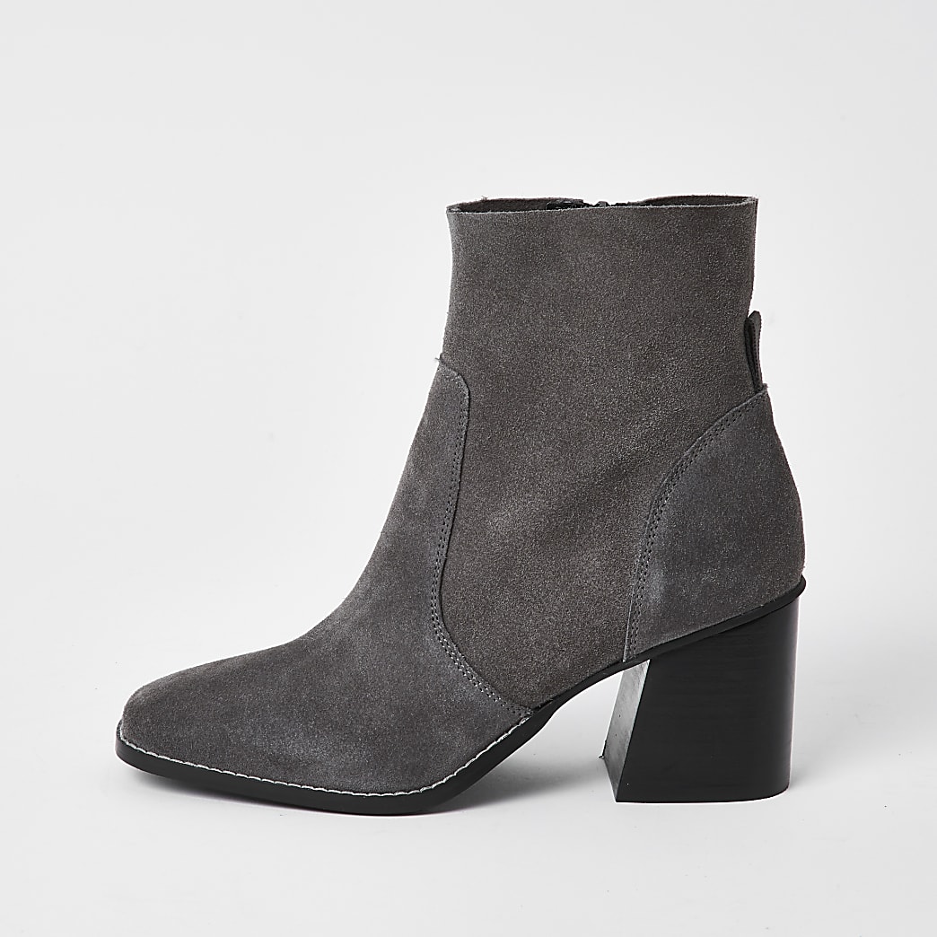 Grey suede block heel ankle boots | River Island