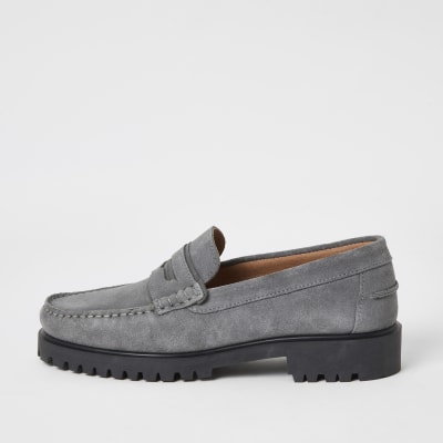 Grey suede chunky sole loafers | River Island